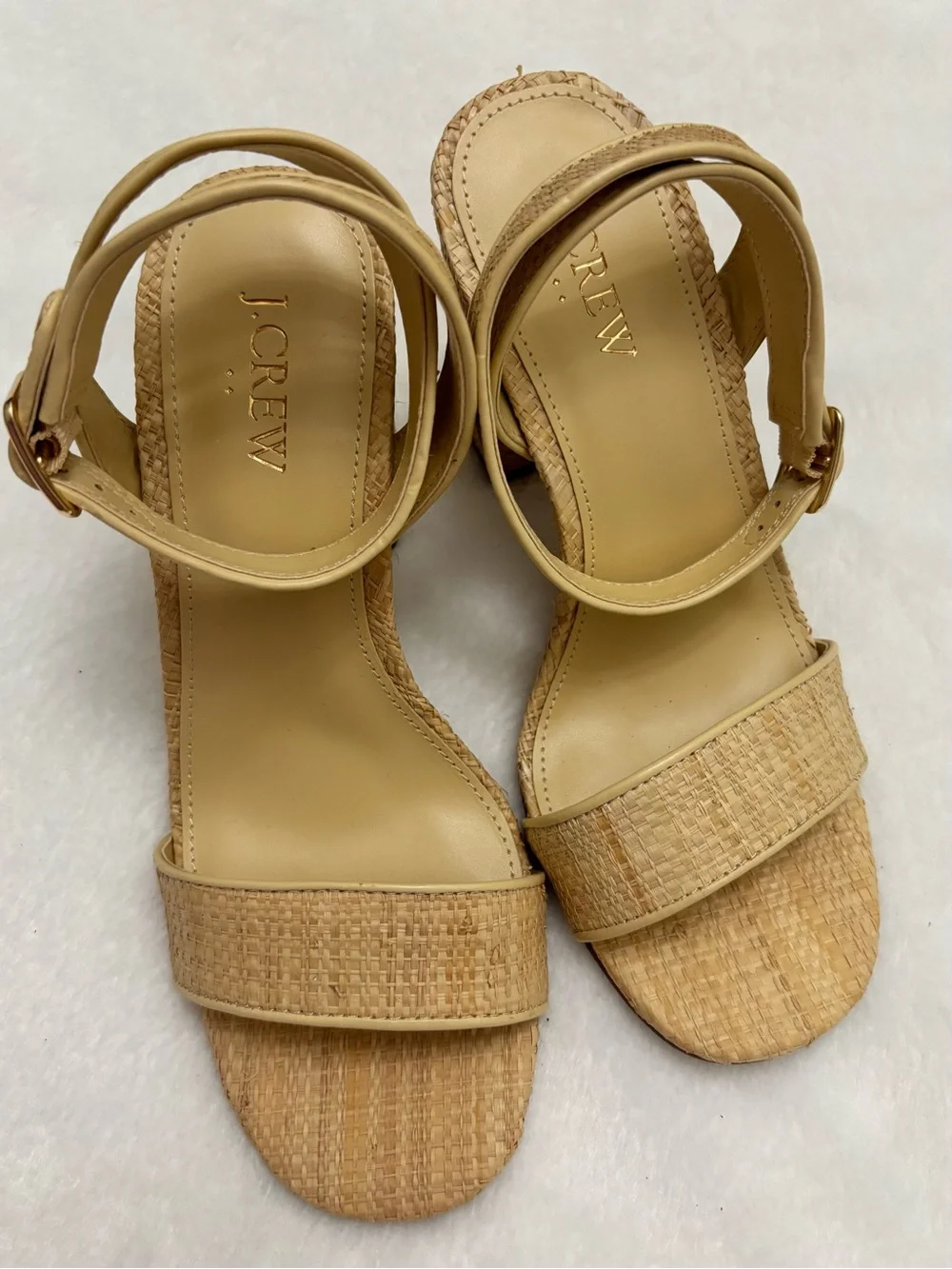 NWOT J Crew Factory Woven Block Heel Neutral Beige Raffia Ankle Strap Sandals